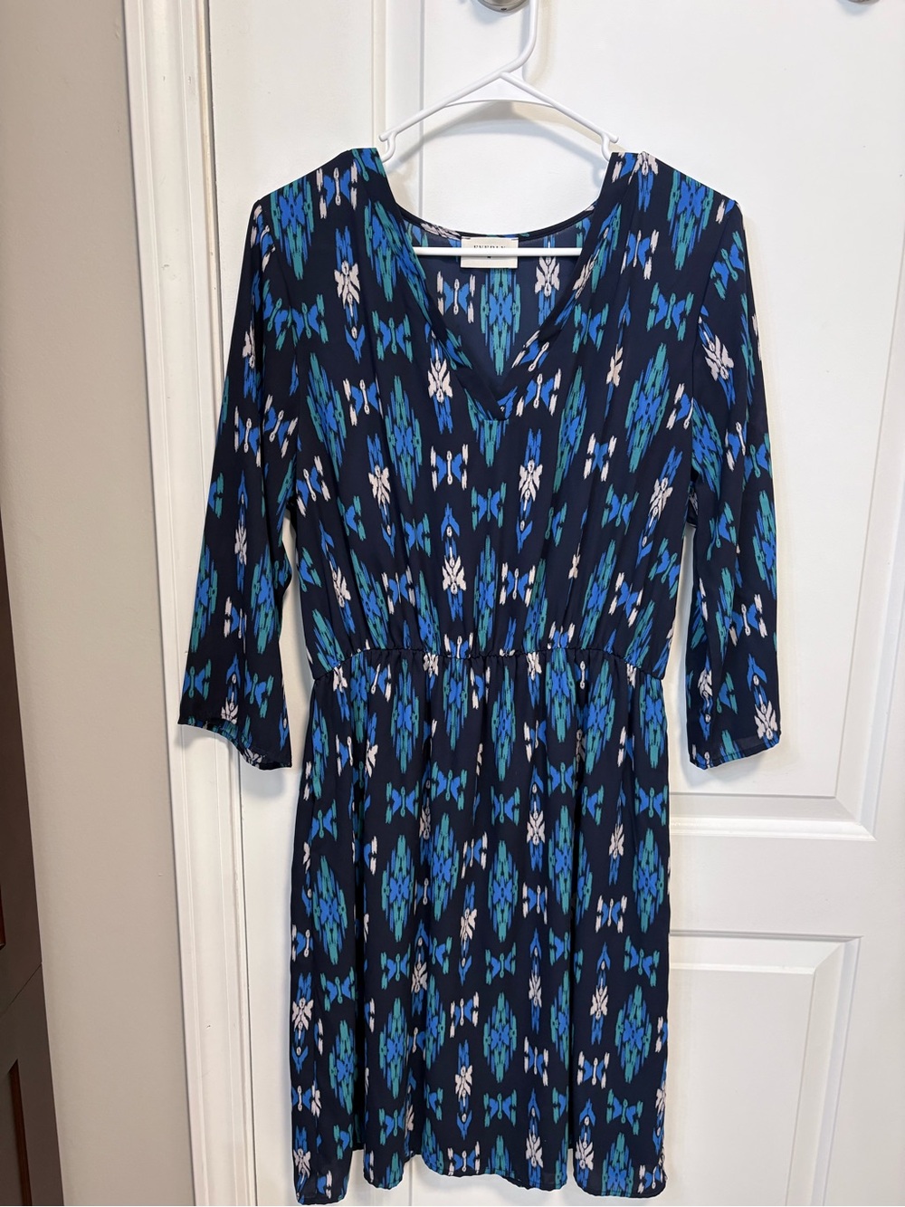Everly Navy and Blue Patterned V-Neck Long Sleeve Dress